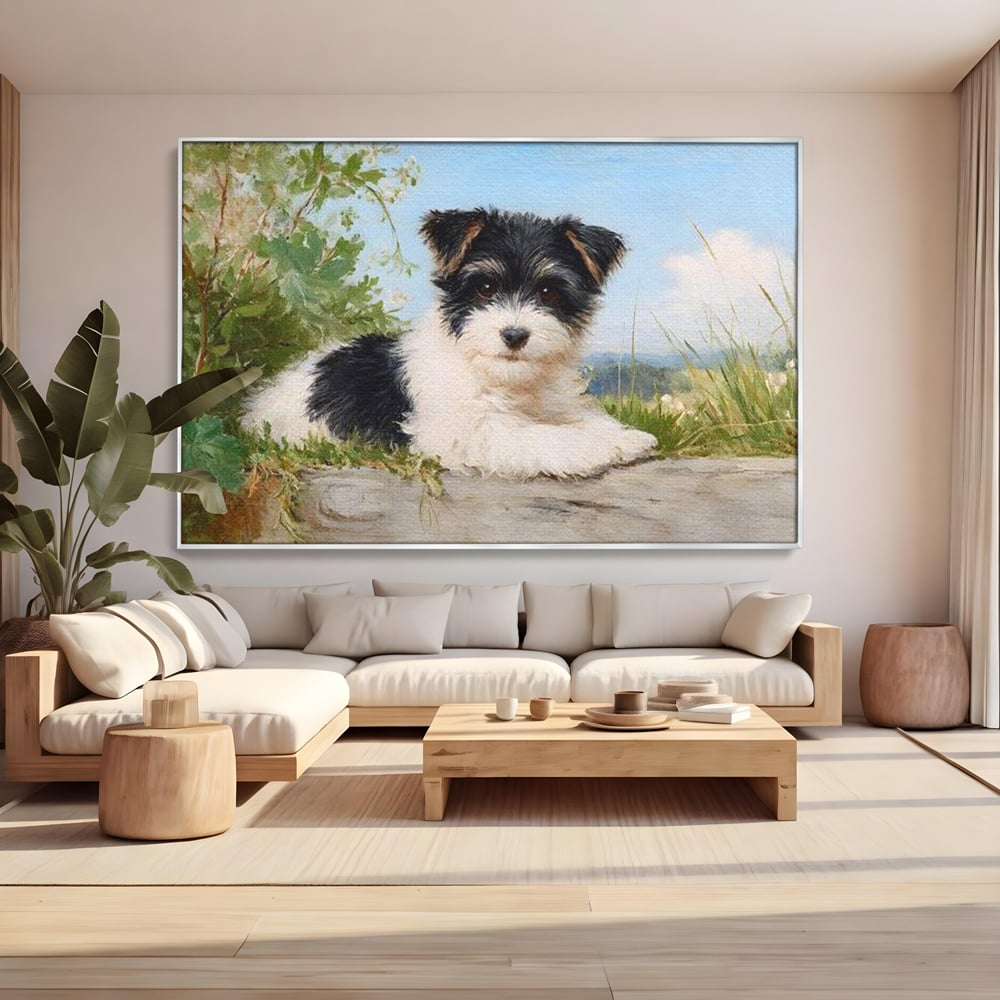 Tablou canvas cu tablou canvas cu pui de caine, in rama de aluminiu argintiu, pe perete intr-un living